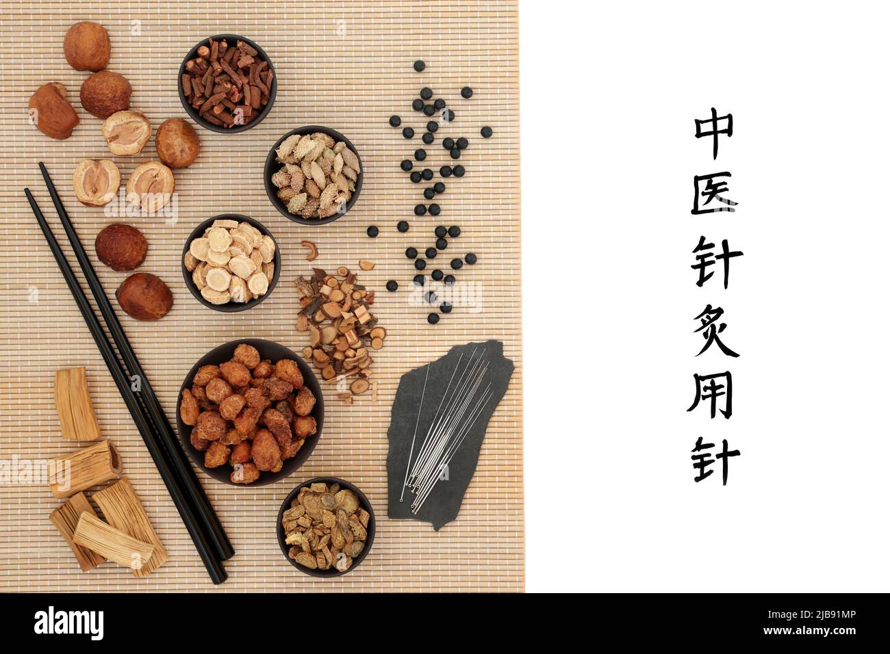 Chinese acupuncture needles with herbs, spice, pills to boost chi