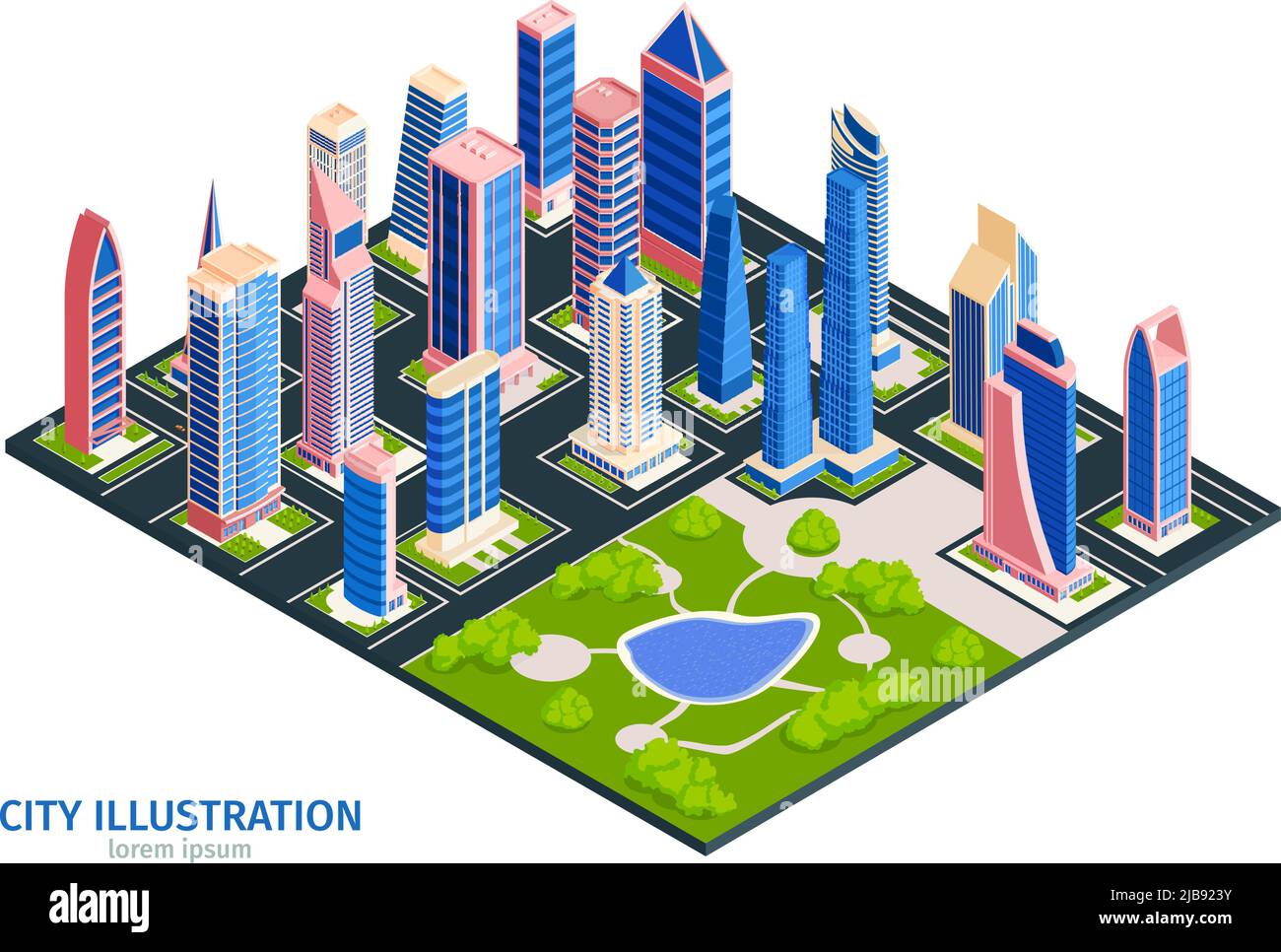 Isometric city composition with text and square urban block with park surrounded by tall buildings skyscrapers vector illustration Stock Vector