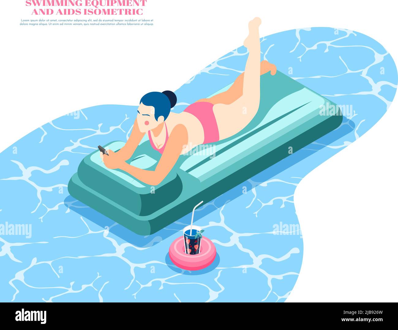 Swimming equipment isometric composition with woman lying on air bed in
