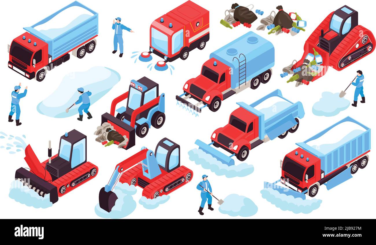 Isometric cleaning road set with isolated icons of trucks bulldozers human characters of workers and rubbish vector illustration Stock Vector