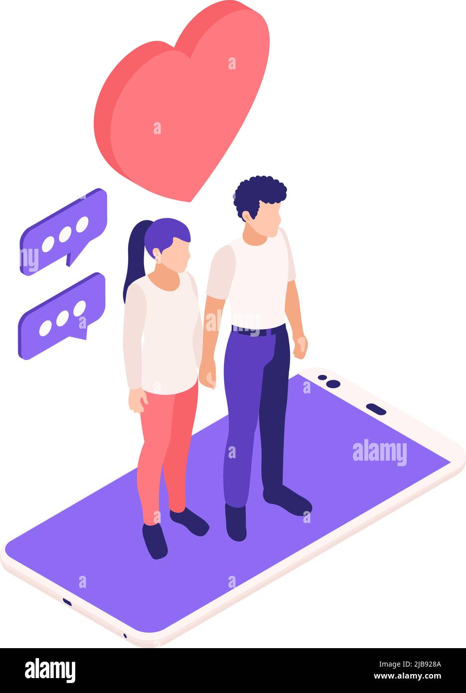 Virtual relationships online dating isometric composition with young couple standing on top of smartphone vector illustration Stock Vector