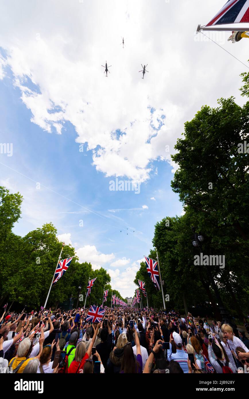 Platinum Jubilee Queen's Birthday Flypast after Trooping the Colour 2022. Helicopter section. Royal Navy Wildcat and Merlin helicopters Stock Photo