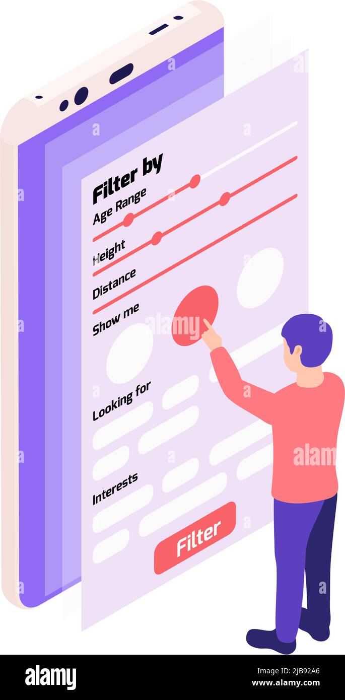 Virtual relationships online dating isometric composition with man adjusting filters of dating app vector illustration Stock Vector