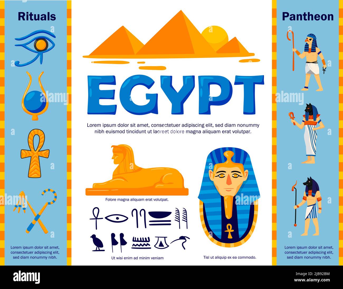 Egypt flowchart composition with authentic egyptian symbols and ancient characters with editable text captions and signs vector illustration Stock Vector