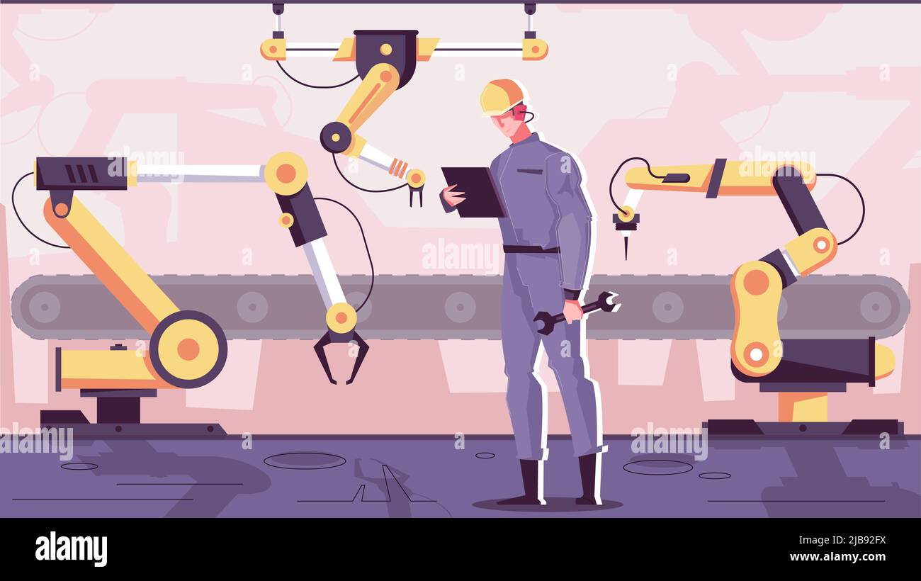 Robotics manufacturing flat composition with industrial robotic arm manipulators controlled by engineer character with assembly line vector illustrati Stock Vector