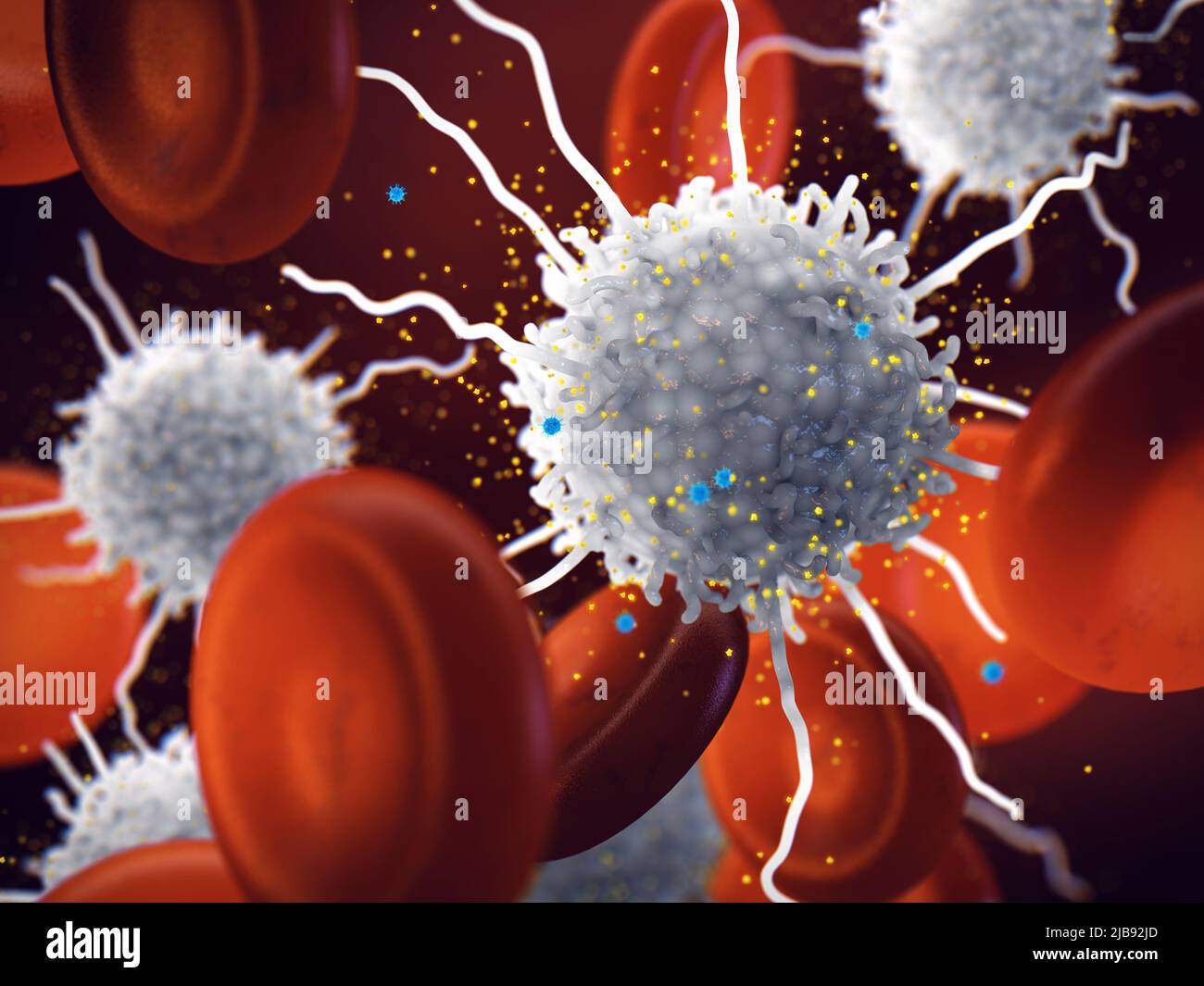Macrophage releasing cytokines as a part of the body immune response to viral infection. A cytokine storm is the overproduction of cytokines Stock Photo