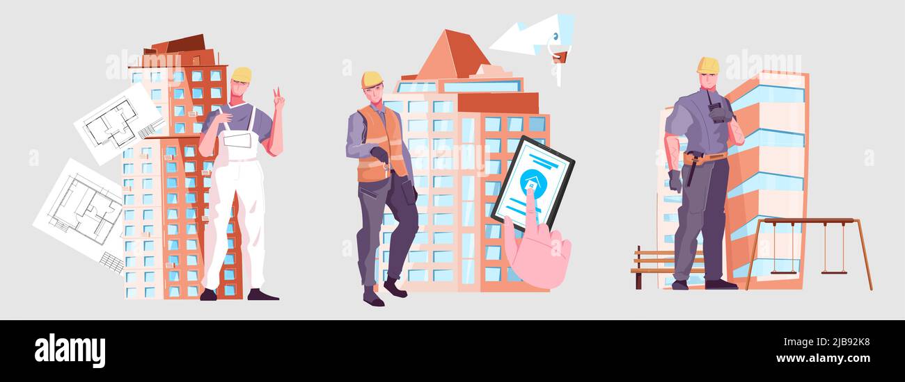 Colored flat new buildings composition three icons with foreman architect and builder vector illustration Stock Vector