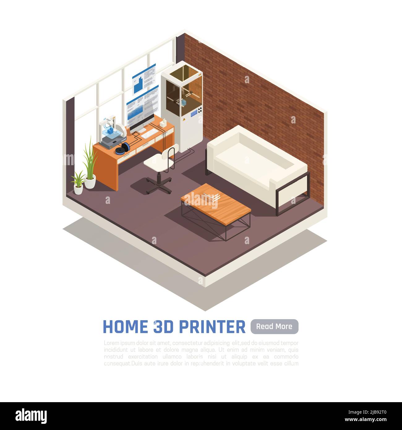 Empty room with home 3d printer printing blue model isometric composition vector illustration Stock Vector