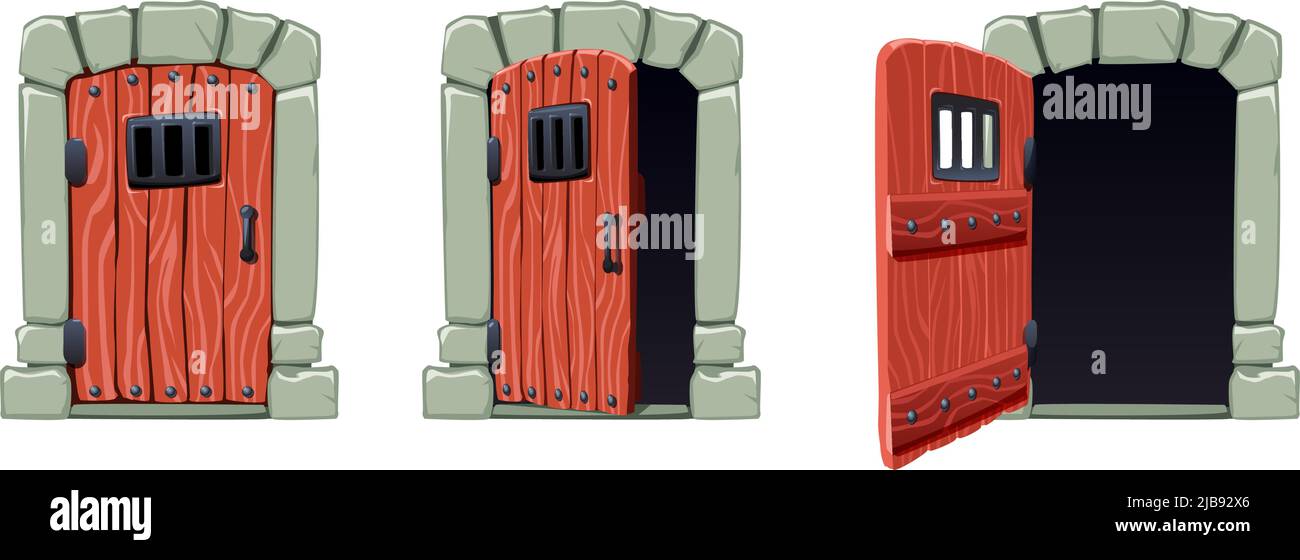 Open doors cartoon set with cell doors isolated vector illustration Stock Vector