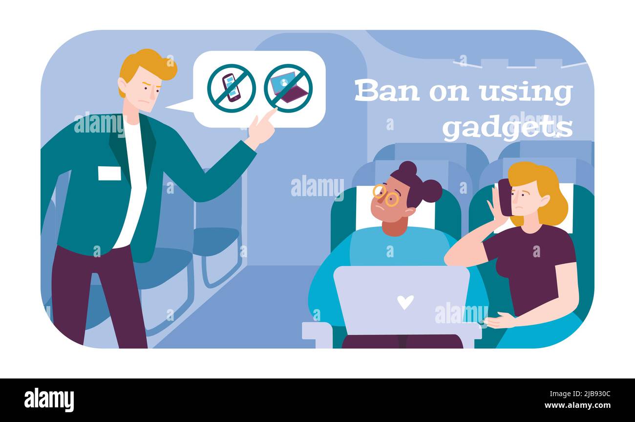 Passengers in airplane flat poster with steward giving ban on using gadgets with internet vector illustration Stock Vector