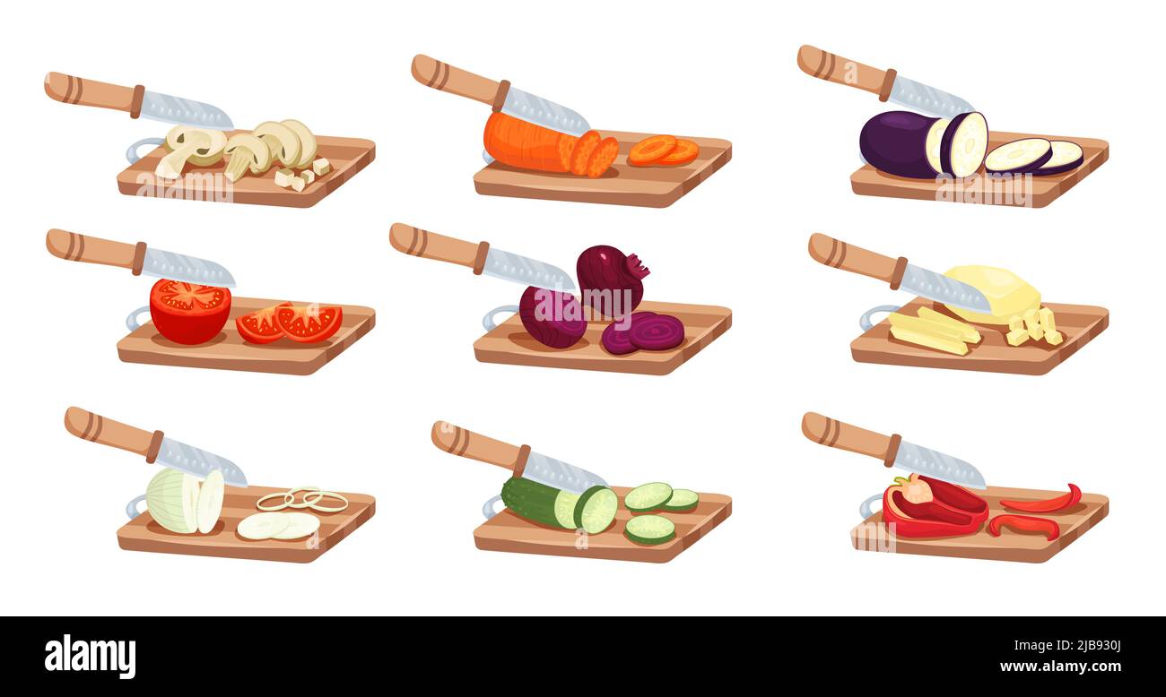Sliced vegetables and knife set with tomato pepper and onion flat isolated vector illustration Stock Vector