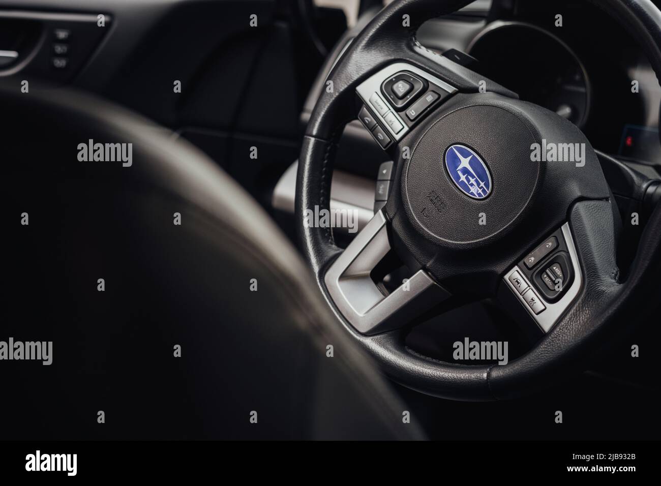 TERNOPIL, Ukraine - September 16 2021: CloseUp View of Steering Wheel Inside of the Subaru Legacy Stock Photo