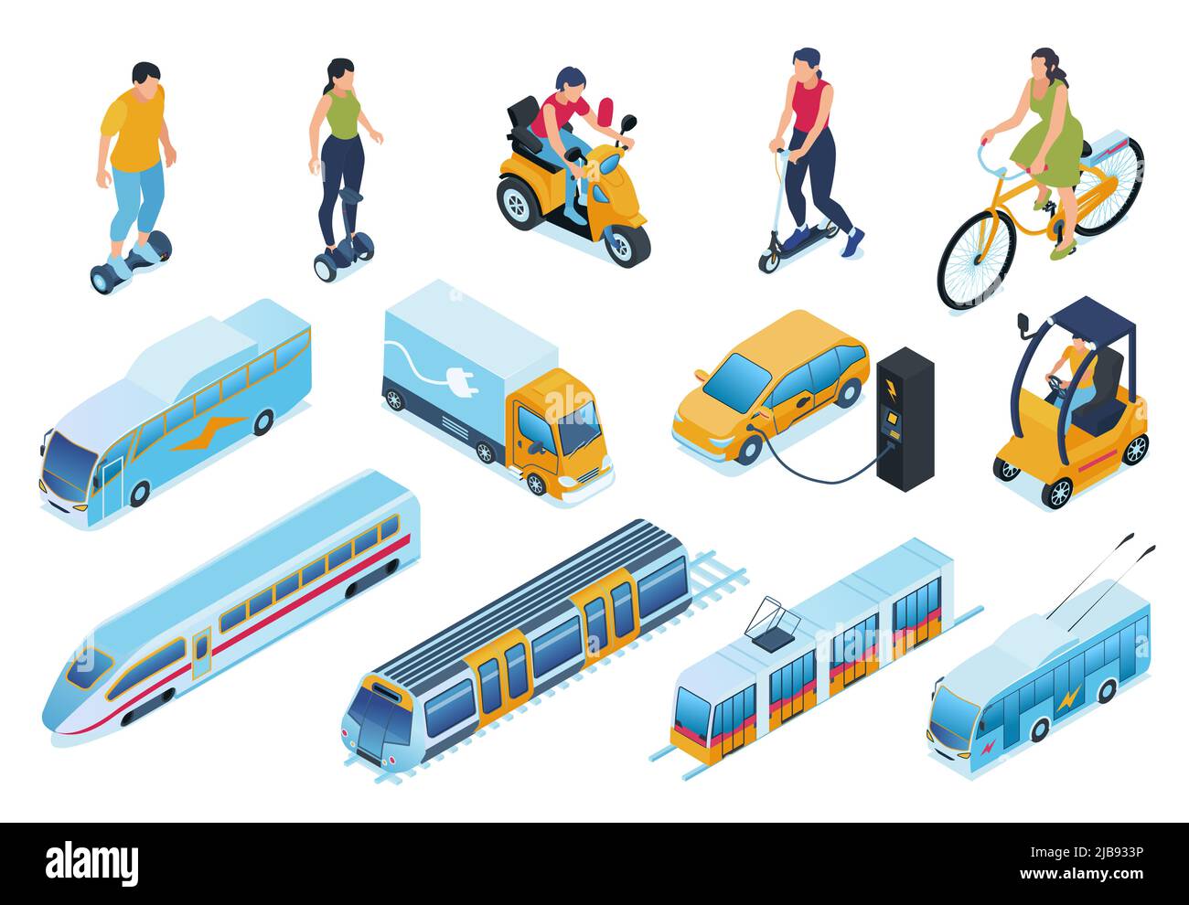 Electric transport isometric set with car and bike symbols isolated vector illustration Stock Vector