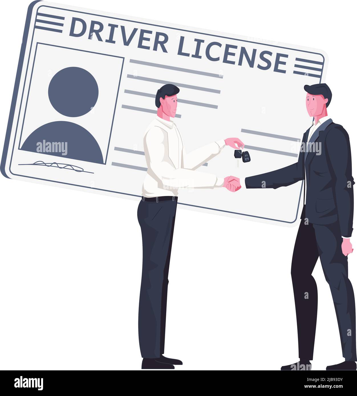 Flat composition with driving license card and two male characters vector illustration Stock Vector