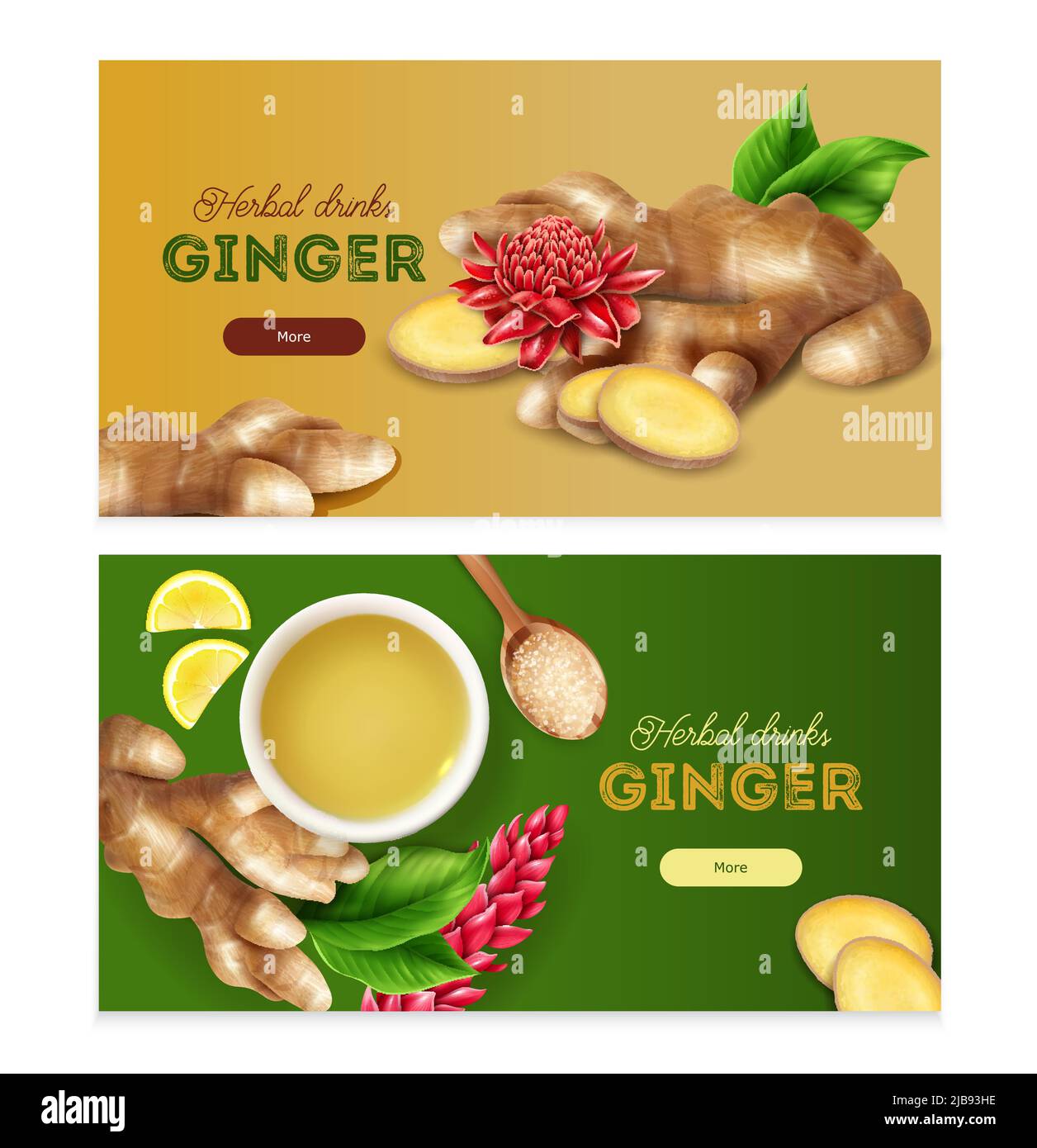 Herbal drinks lower cholesterol health benefits 2 realistic horizontal colorful background banners with ginger roots vector illustration Stock Vector