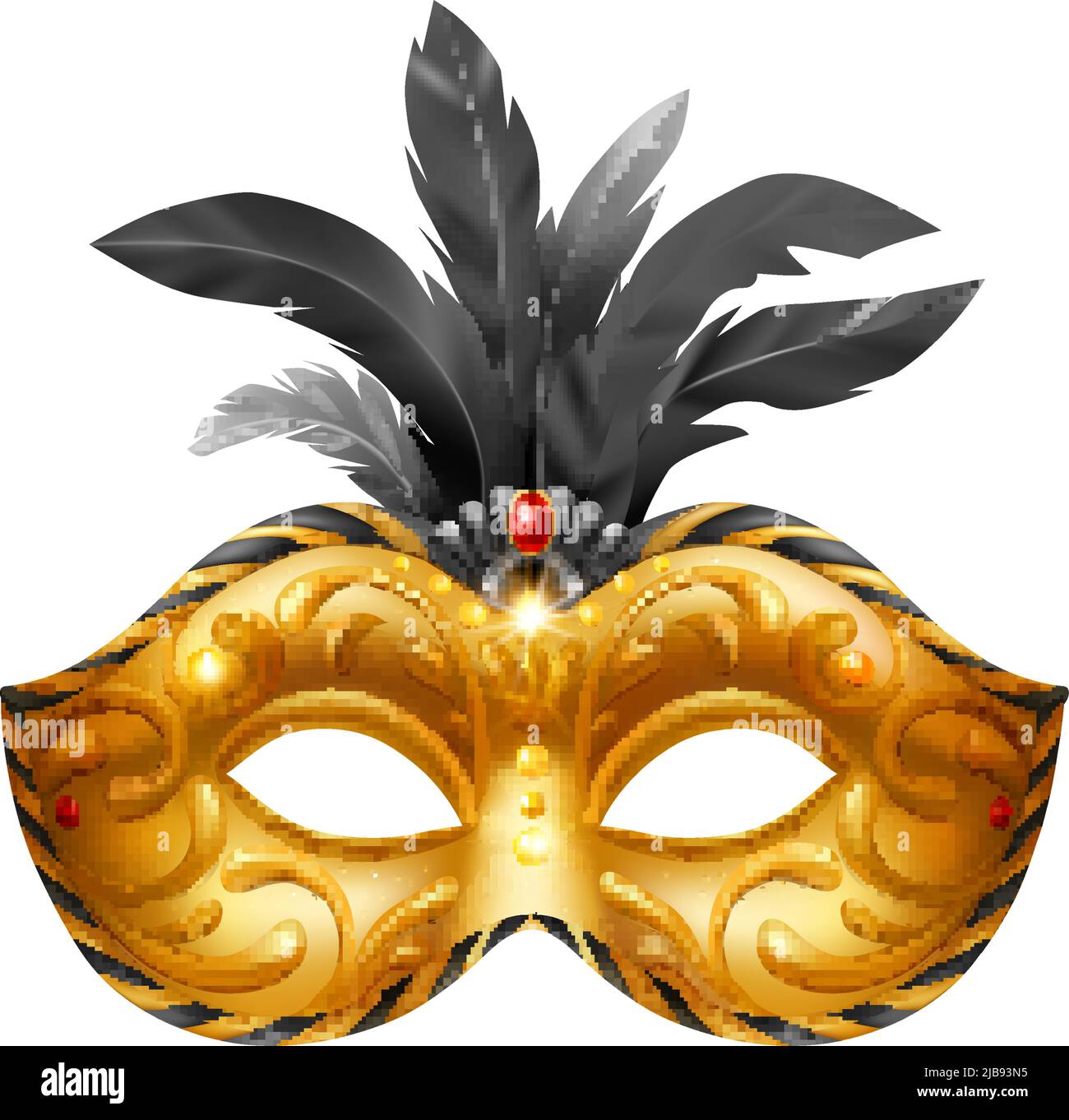 Realistic carvinal mask composition with isolated image of golden masquerade mask with black feathers vector illustration Stock Vector