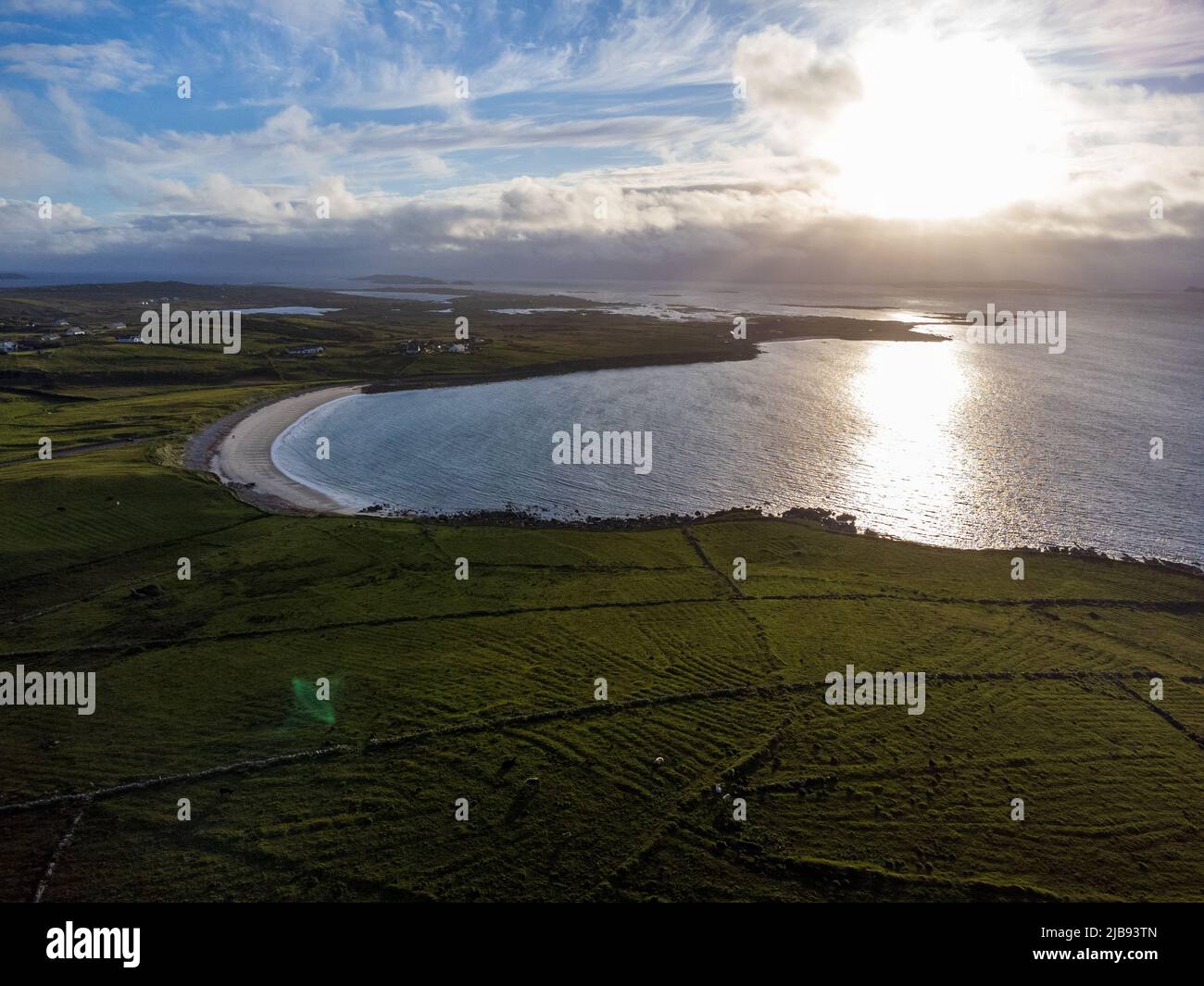 Selena beach in County Galway Ireland. Aerial Shot during sunset with low tide. Stock Photo