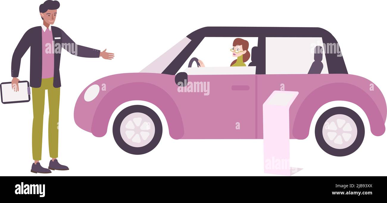 Car dealership flat composition with woman driver and manager vector illustration Stock Vector
