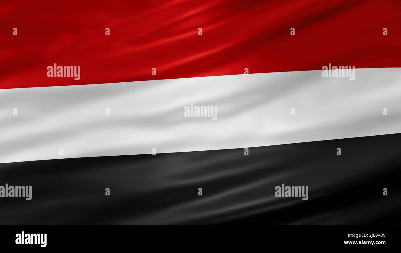 Yemen national flag full screen background, silk farbric, close up waving in the wind Stock Photo