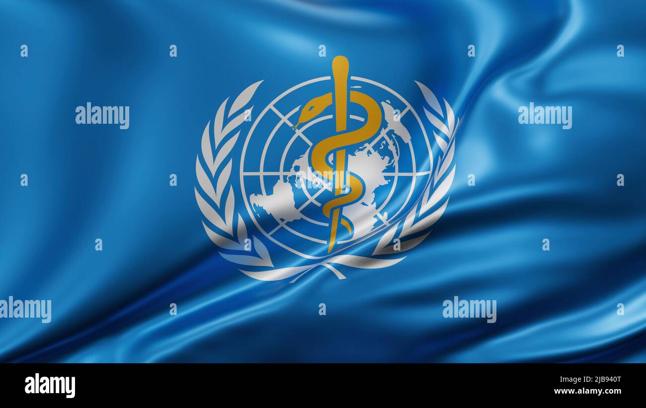 World Health Organization WHO flag full screen background, silk farbric, close up waving in the wind Stock Photo