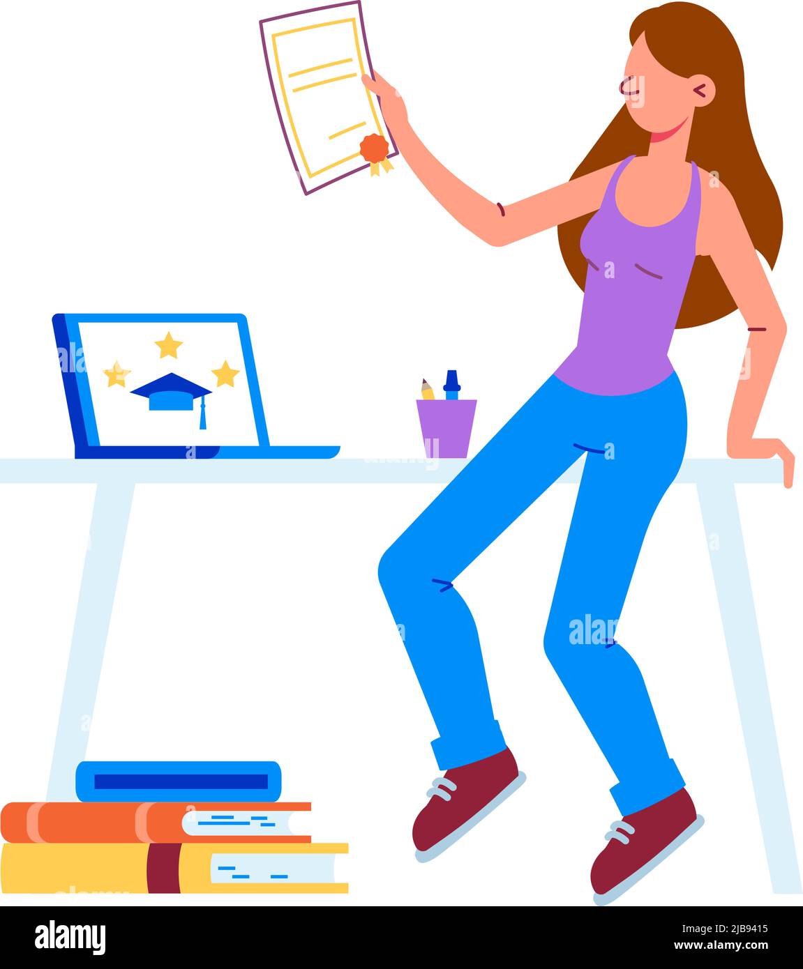 Flat icon with girl getting degree after completing online courses university education vector illustration Stock Vector