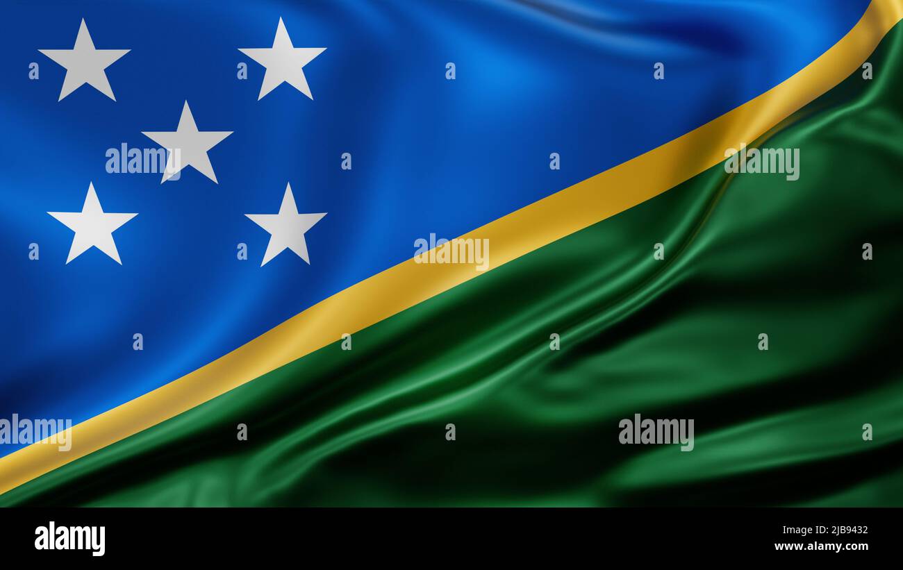 Solomon Islands flag full screen background, silk farbric, close up waving in the wind Stock Photo