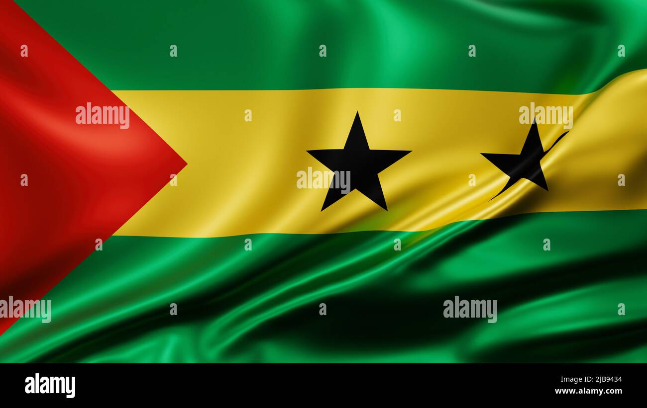 Sao Tome and Principe flag full screen background, silk farbric, close up waving in the wind Stock Photo