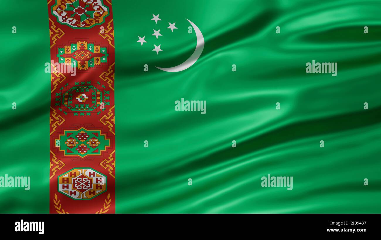 Turkmenistan national flag full screen background, silk farbric, close up waving in the wind Stock Photo