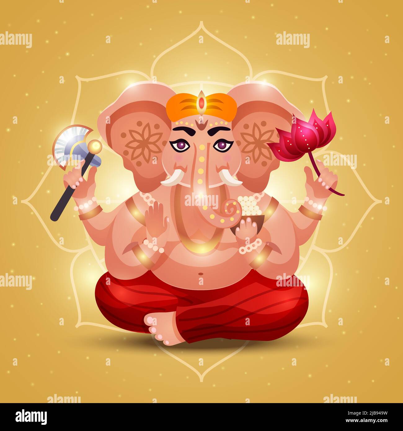 Elephant headed hindu god ganesha holding flower radiating light with outline mandala golden background poster vector illustration Stock Vector