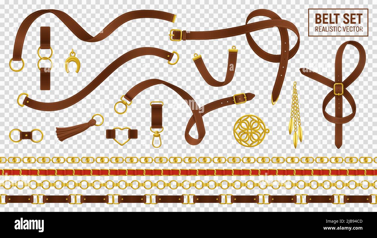 Belt realistic transparent set with buckle and chain isolated vector illustration Stock Vector