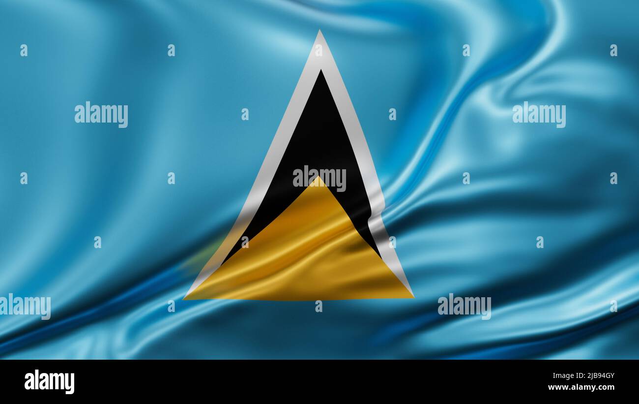 Saint Lucia flag full screen background, silk farbric, close up waving in the wind Stock Photo