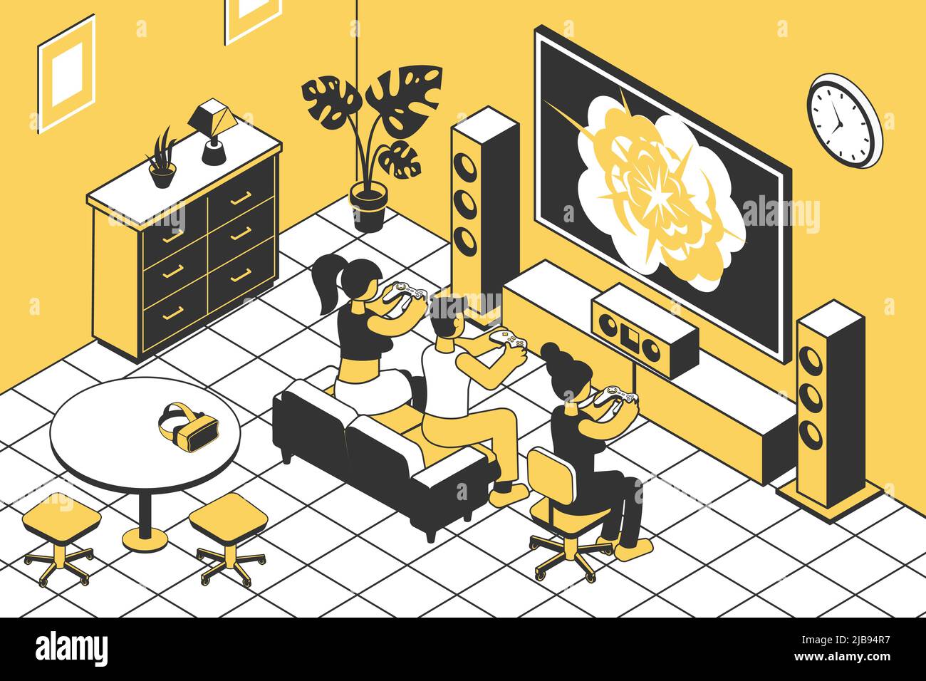 People playing game console with joysticks in living room 3d isometric vector illustration Stock Vector