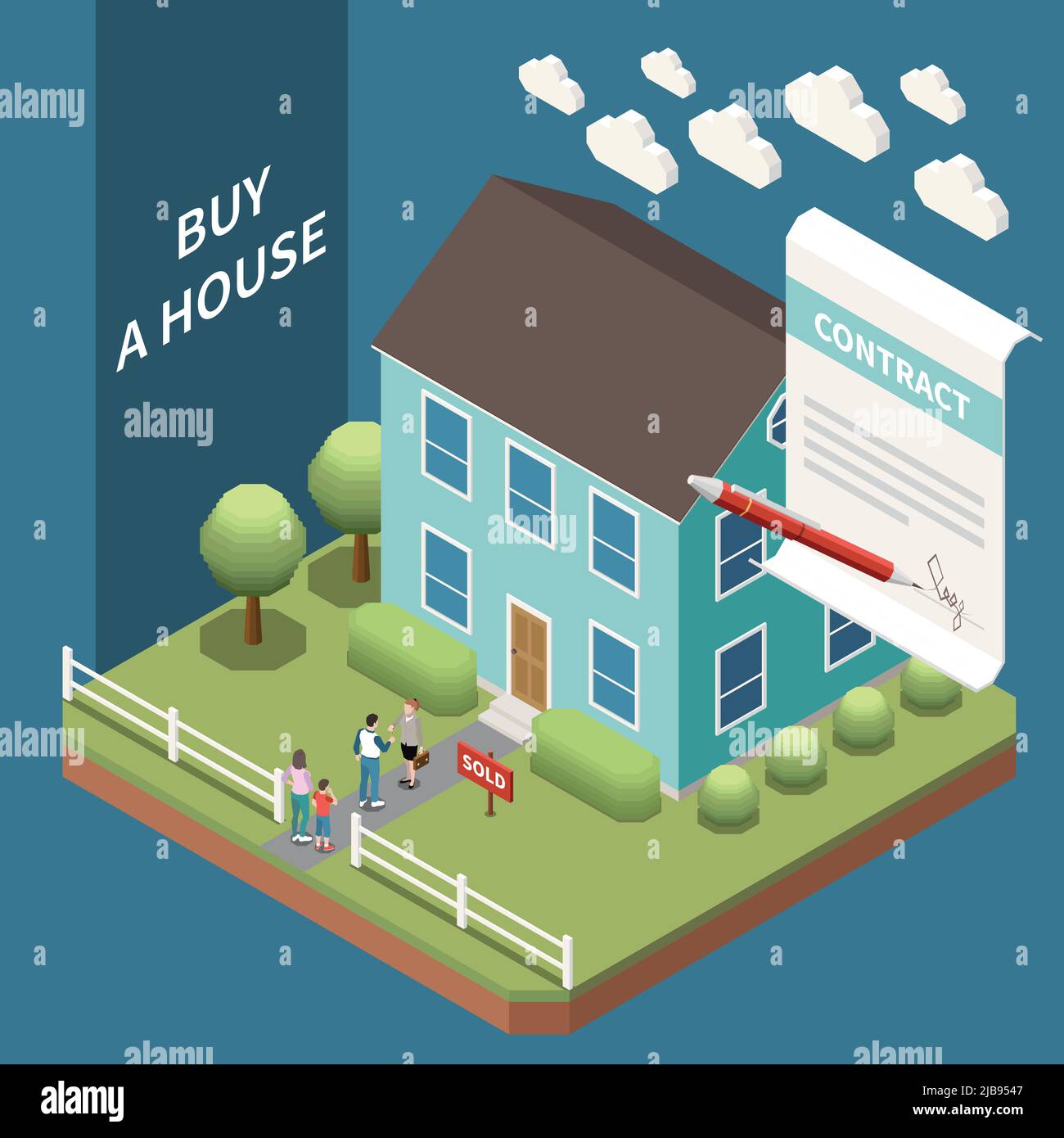 Real estate agency isometric composition with outdoor view of house for