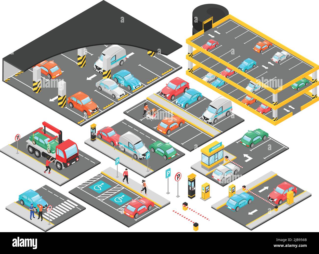 Isometric car parking underground multilevel set with isolated constructor elements for parking lot levels with cars vector illustration Stock Vector
