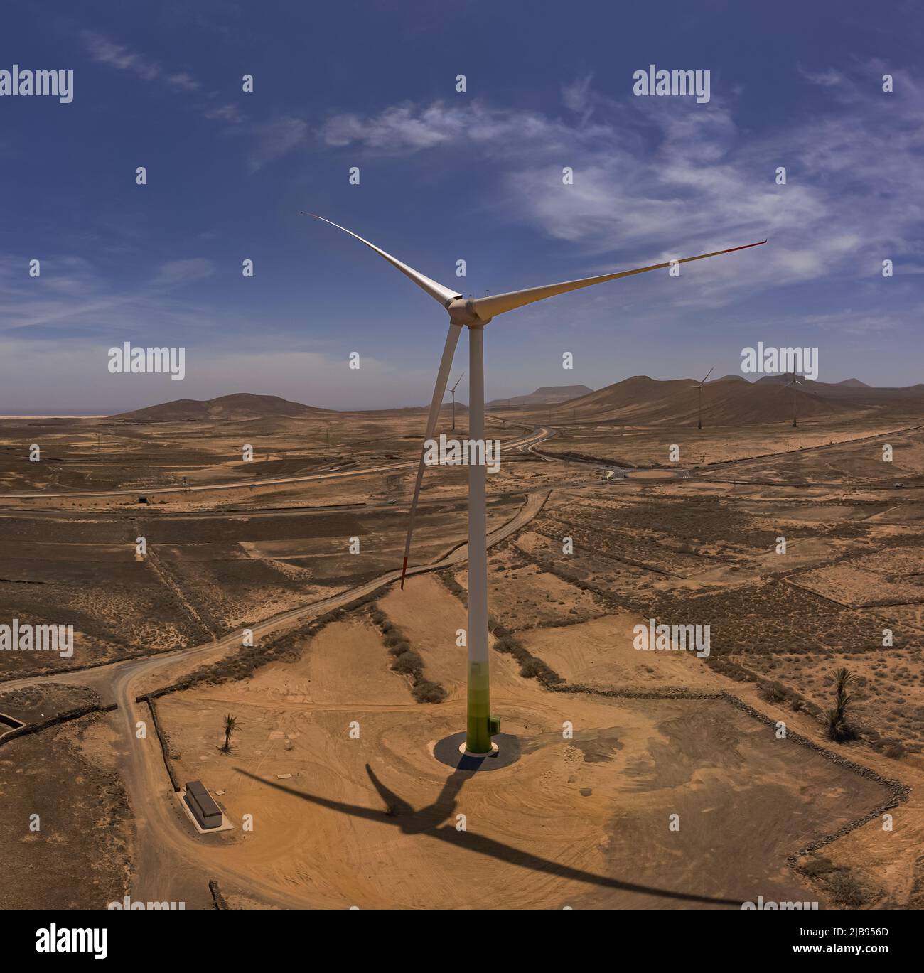 Aerial Panoramic view of a Wind turbine on the windy Island of