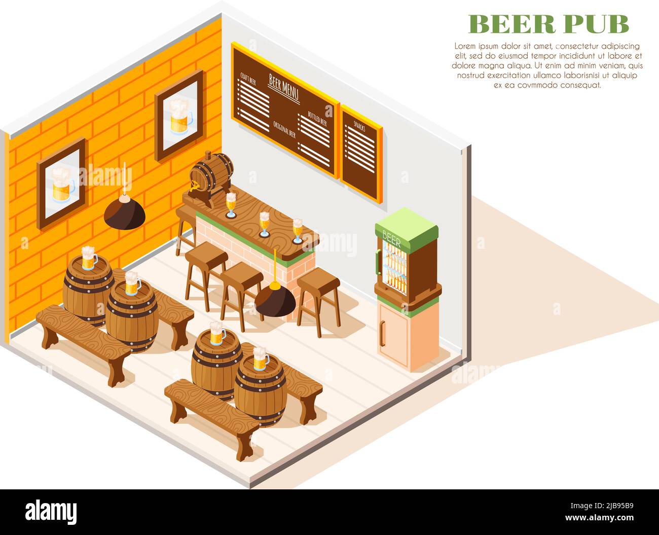 Beer pub interior isometric composition with menu board coolers oak