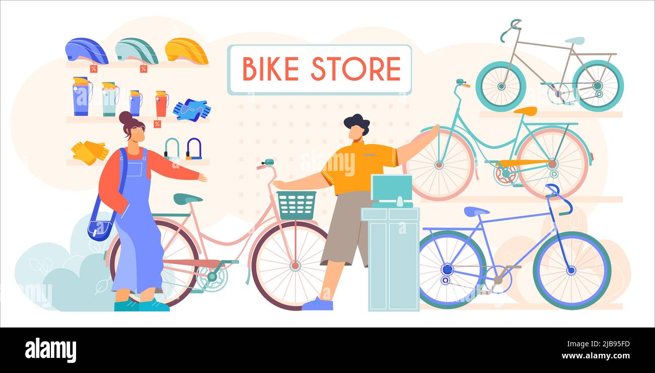 Bicycle store new second hands bikes accessories helmets sale flat composition with salesman assisting customer vector illustration Stock Vector