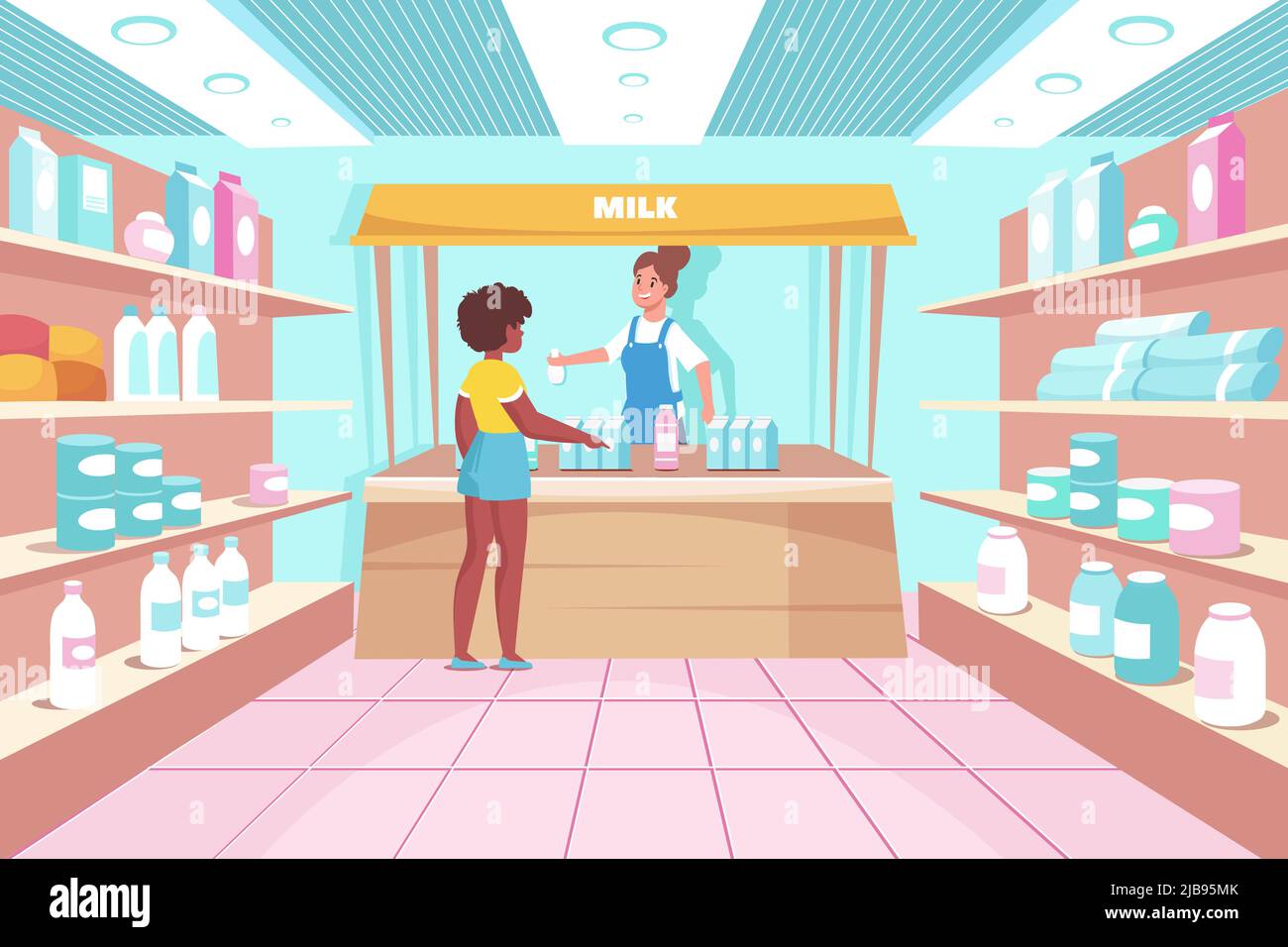 Dairy shop flat composition with indoor view of store with milk