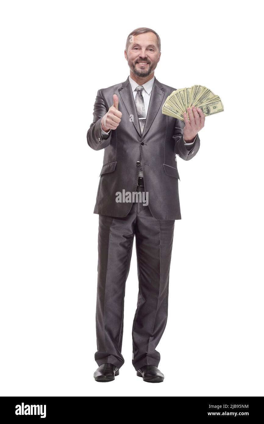 in full growth. happy business man with dollar bills Stock Photo - Alamy
