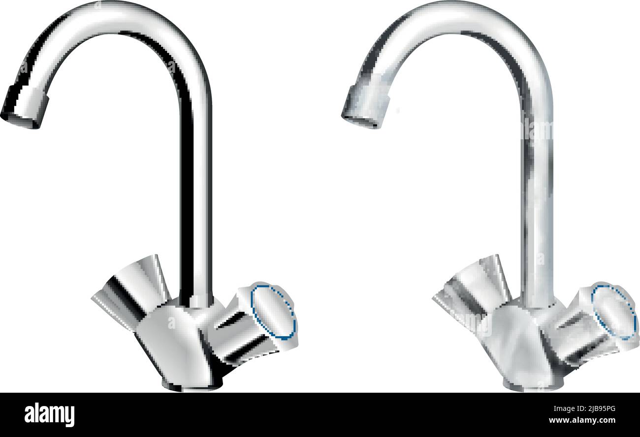Dirty water steel chrome plated faucets with mixer realistic set on white background isolated