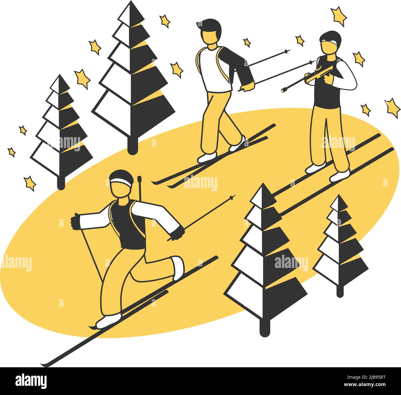 Winter sport competition isometric composition with three skiing people