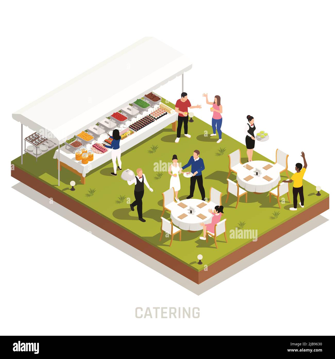 Backyard wedding reception catering with outdoor buffet and waiters serving tables on grassy area isometric vector illustration Stock Vector