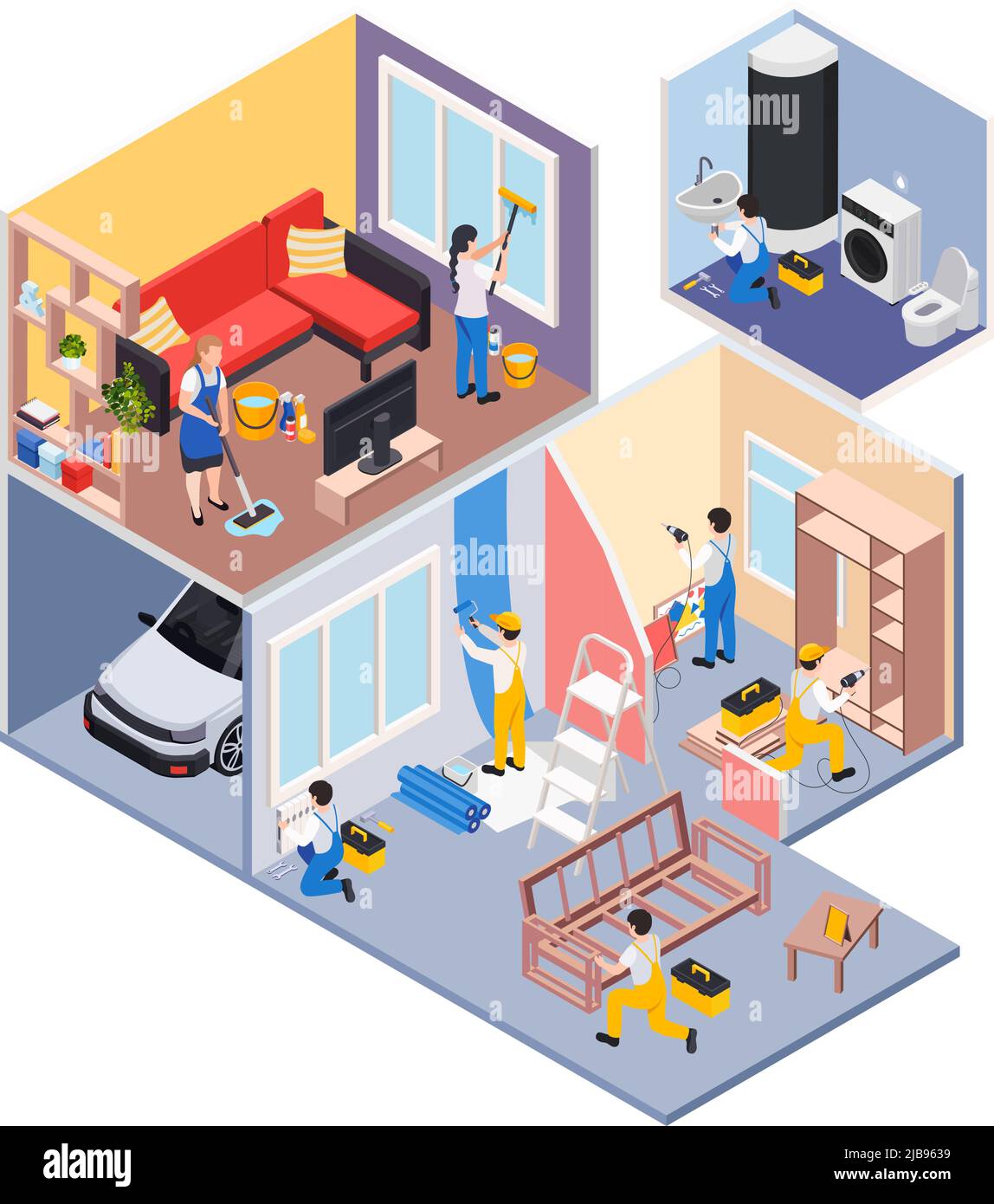 Renovation repair works isometric composition with profile view of living house rooms with workers cleaners group vector illustration Stock Vector
