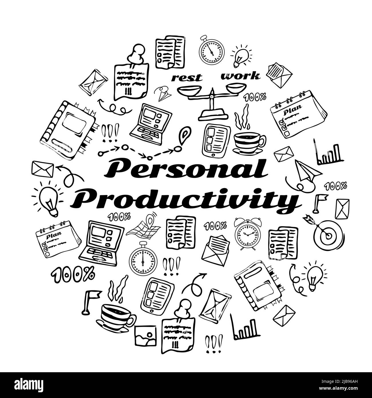 Doodle hand drawn elements of personal productivity, contour objects and text in round shape isolated on white background stock vector illustration. Time management, goals and growth. Stock Vector