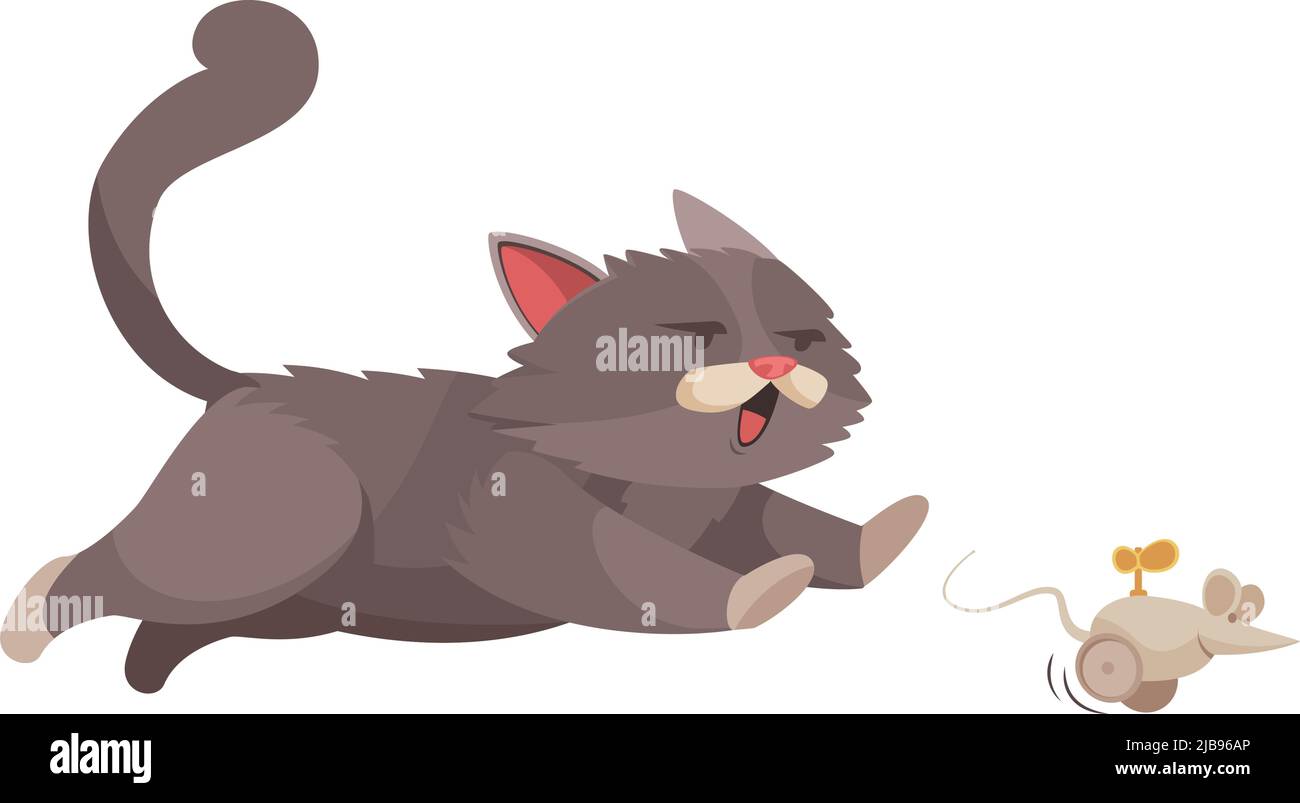 Playful kitten running after toy mouse cartoon vector illustration Stock Vector