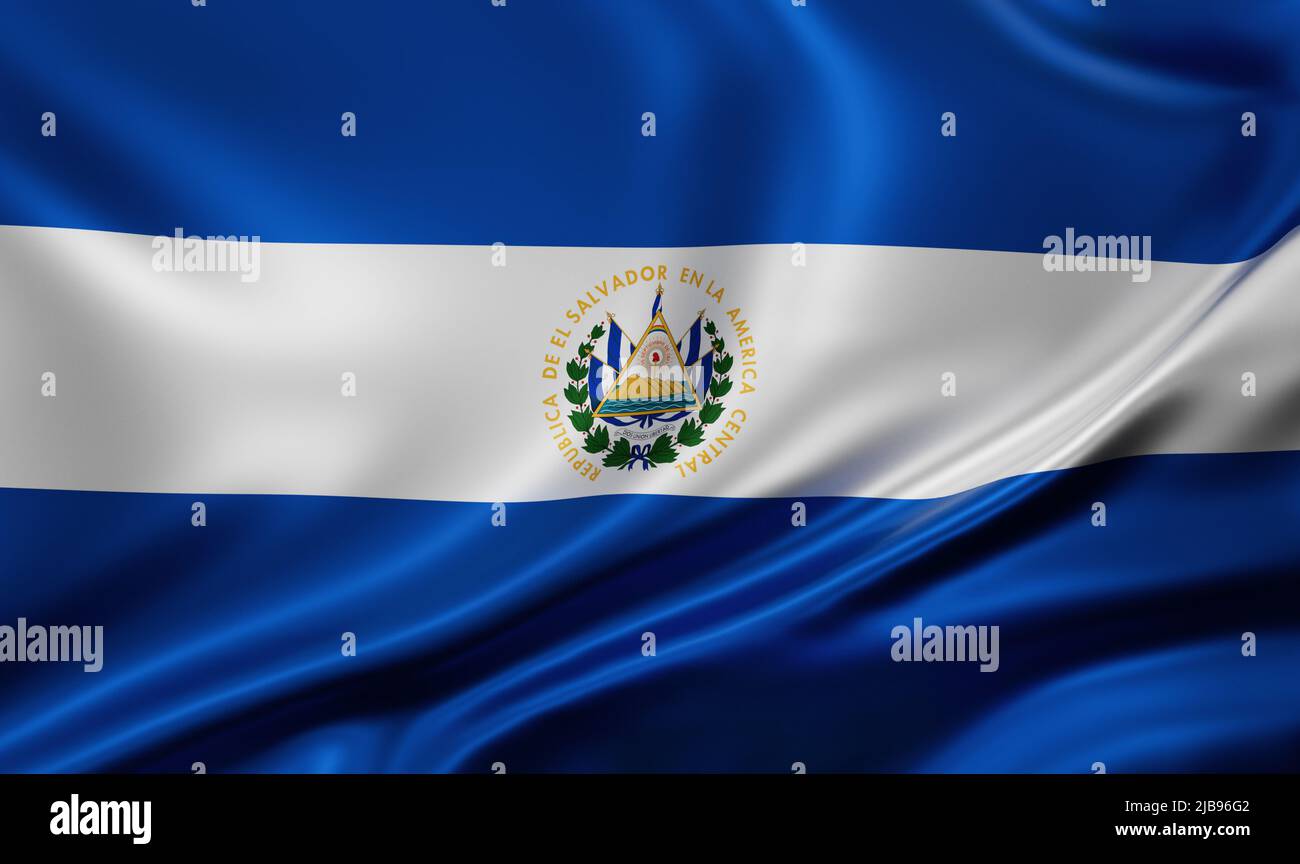 El Salvador national flag full screen background, silk farbric, close up waving in the wind Stock Photo
