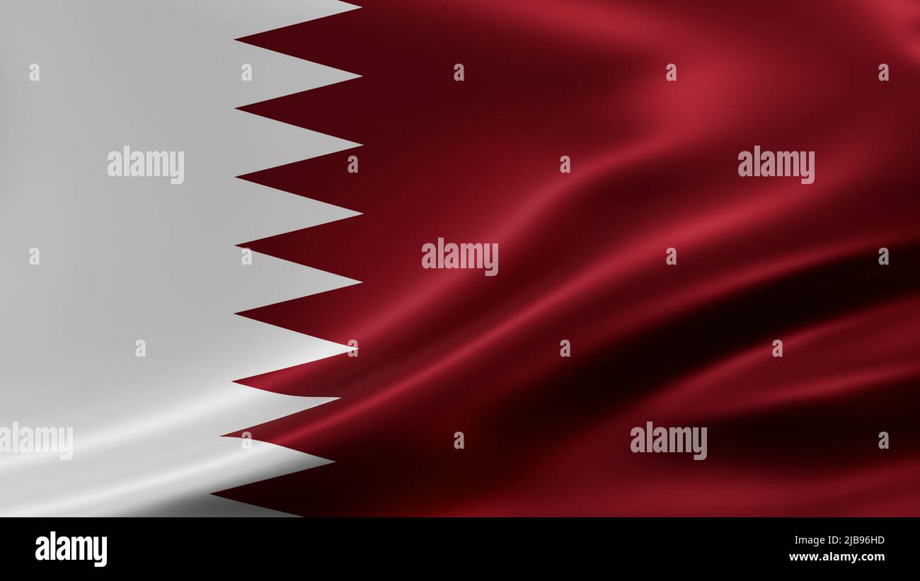 Qatar flag full screen background, silk farbric, close up waving in the wind Stock Photo