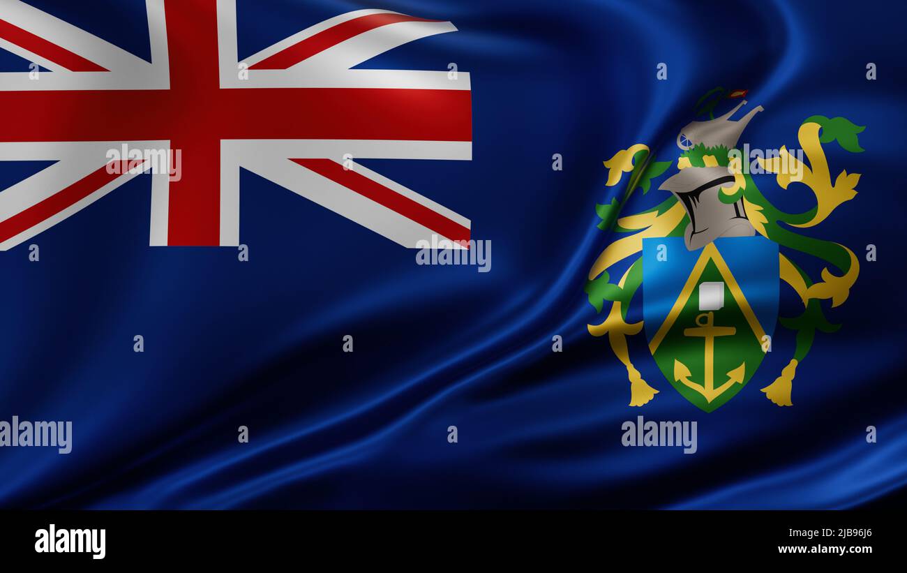 Pitcairn Islands flag full screen background, silk farbric, close up waving in the wind Stock Photo