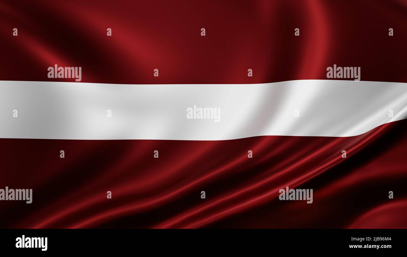 Latvia flag full screen background, silk farbric, close up waving in the wind Stock Photo