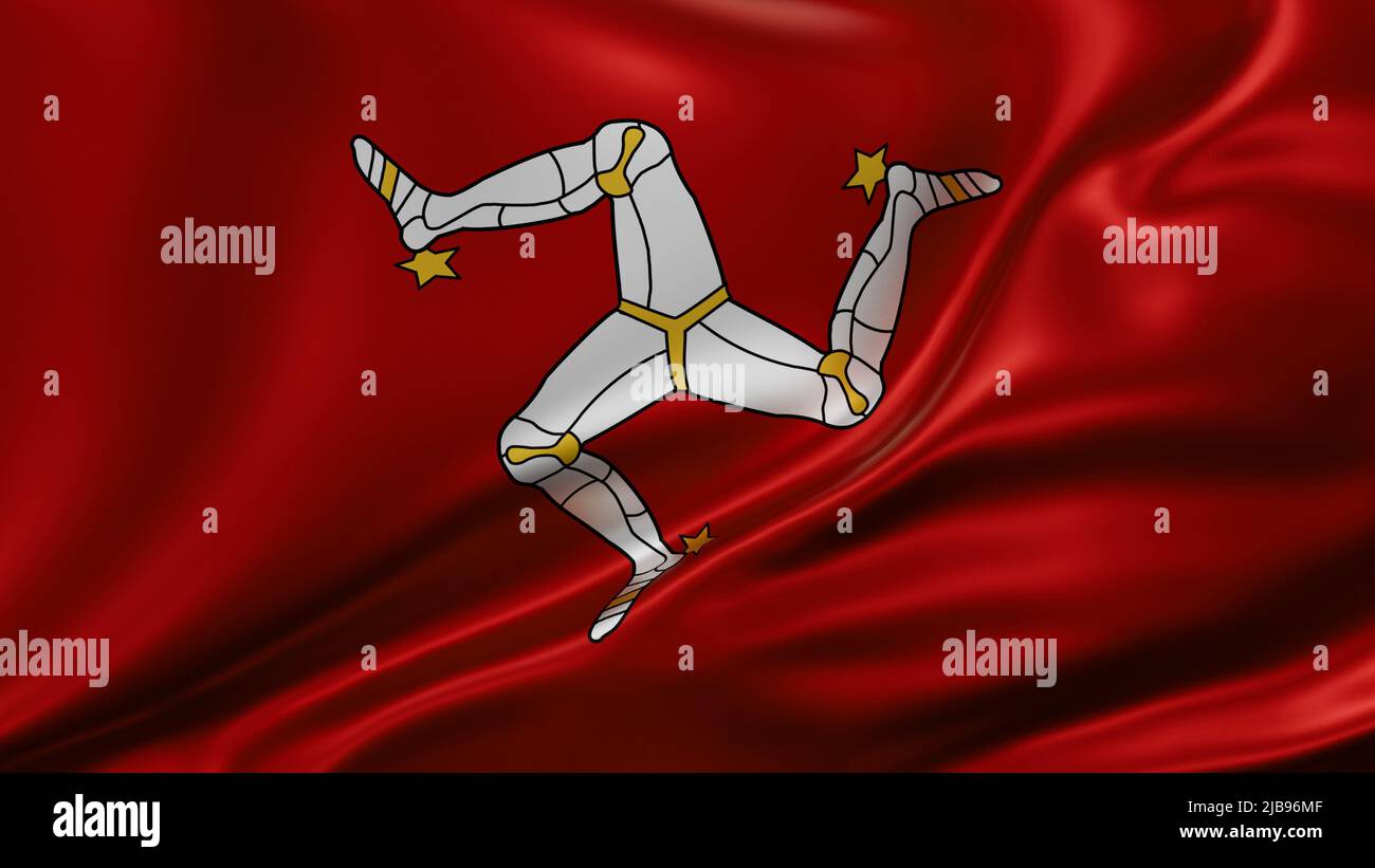 Isle of Man flag full screen background, silk farbric, close up waving in the wind Stock Photo